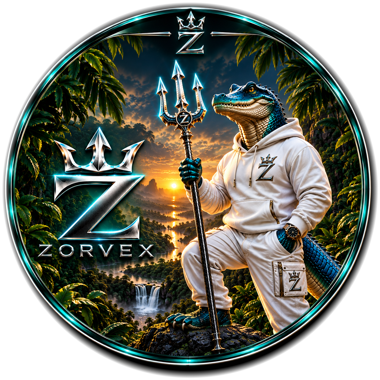 Zorvex turquoise alligator in white clothing holding a trident in an Amazon jungle scene